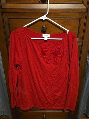LOFT Red Long-Sleeve Top with Embroidered Bow